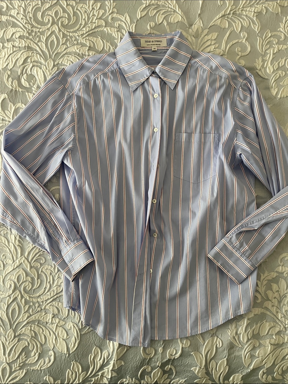 SOLID & STRIPED Sky Blue Button-Down Shirt with Pink and White Stripes